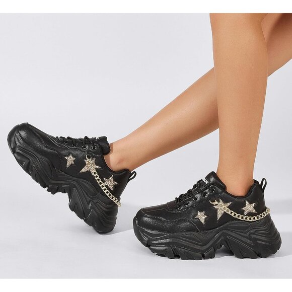 Women's Chunky Sneakers Platform Leather Casual Shoes Wedge Sports Black Chain - Picture 7 of 9